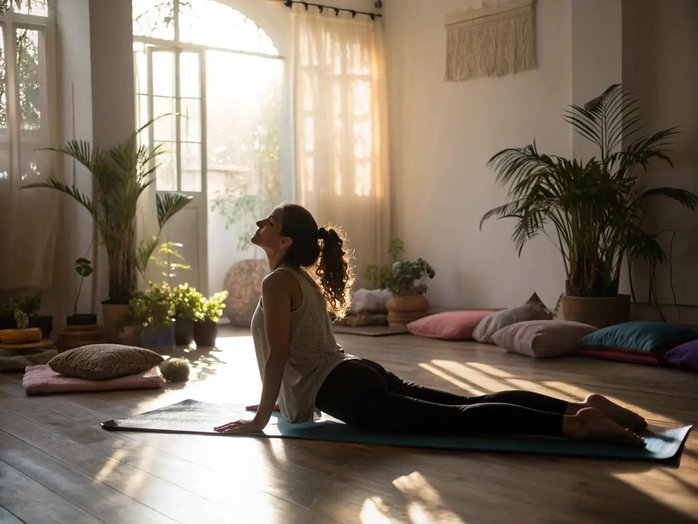 An image of a person recovering from an illness, showing them engaged in a gentle activity like yoga or meditation in a sunlit room.