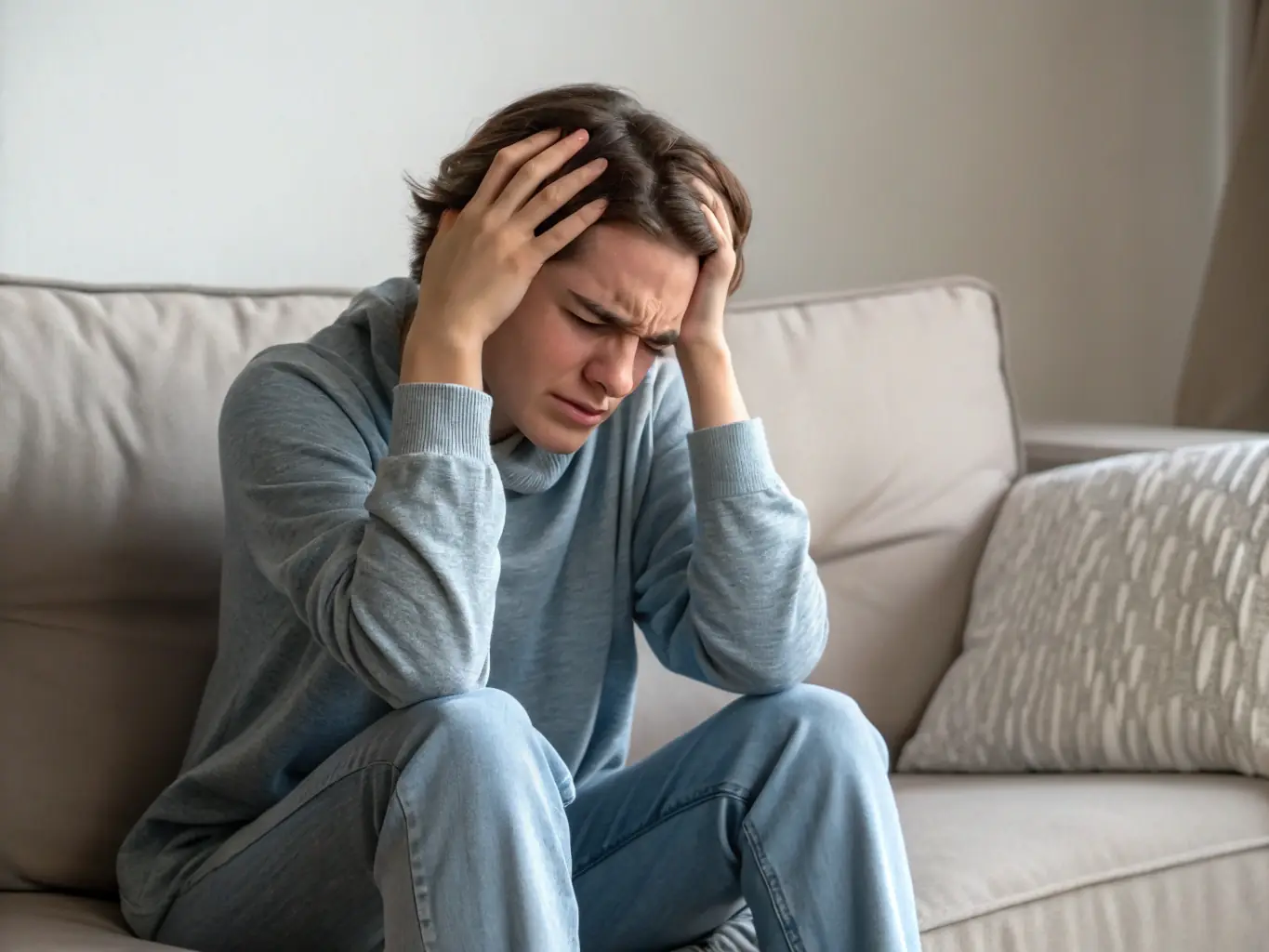 An image depicting a person experiencing stress, with visual cues like a furrowed brow and tense shoulders. The image should be in soft, light tones.